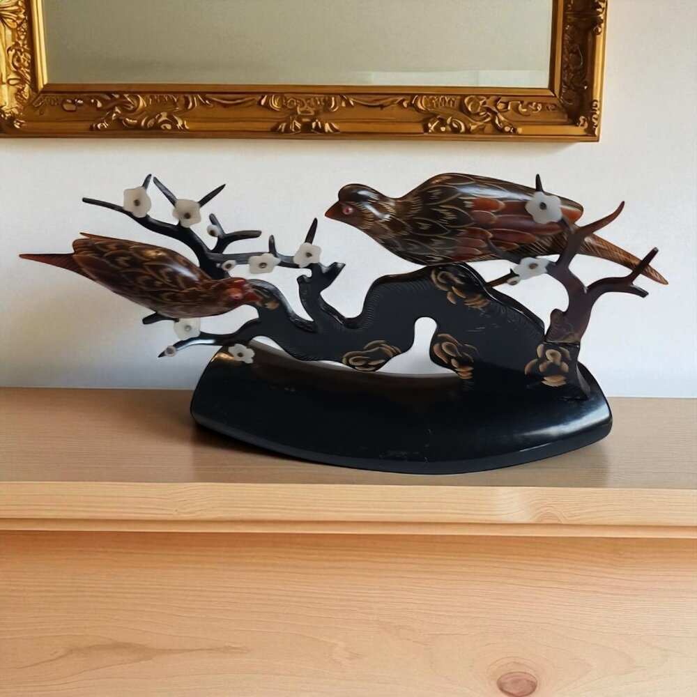 Vintage Asian Horn Bone  Carving – Two Birds on Plum Blossom Branch Circa 1960's